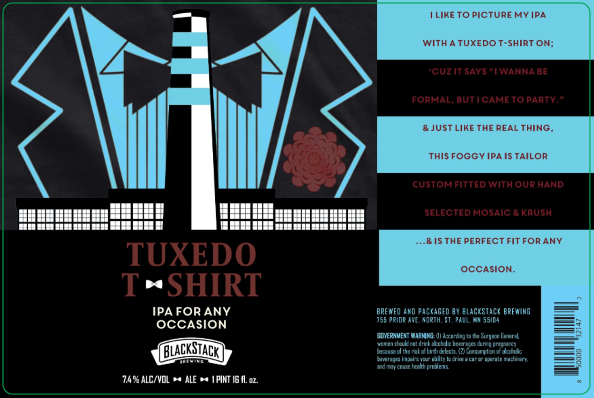 TUXEDO T-SHIRT by BLACKSTACK BREWING - beer label
