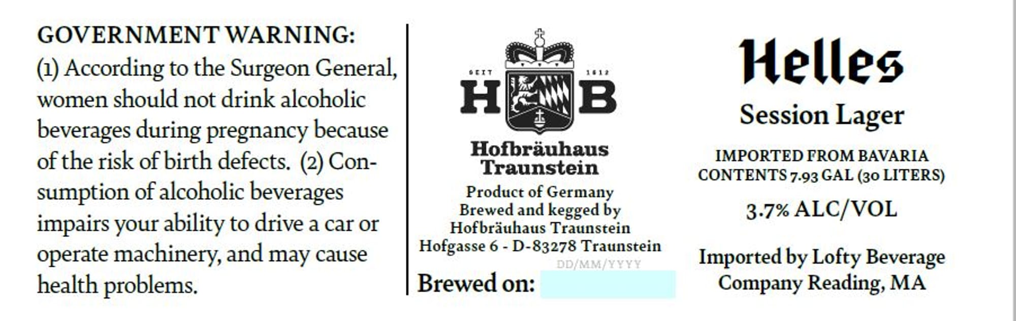 Helles Session Lager by Hofbräuhaus Traunstein - beer label