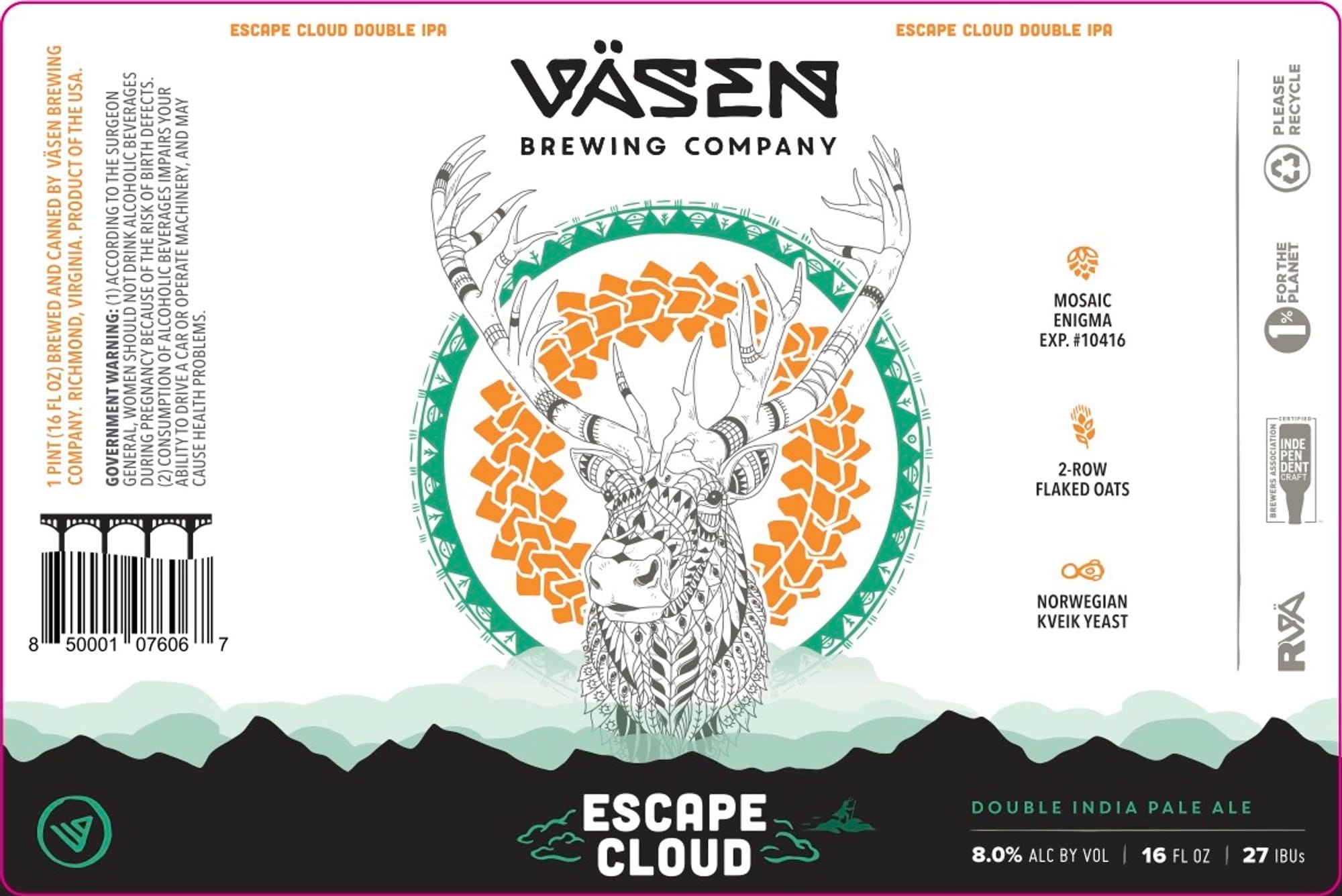 Escape Cloud Double IPA by Väsen Brewing Company - beer label