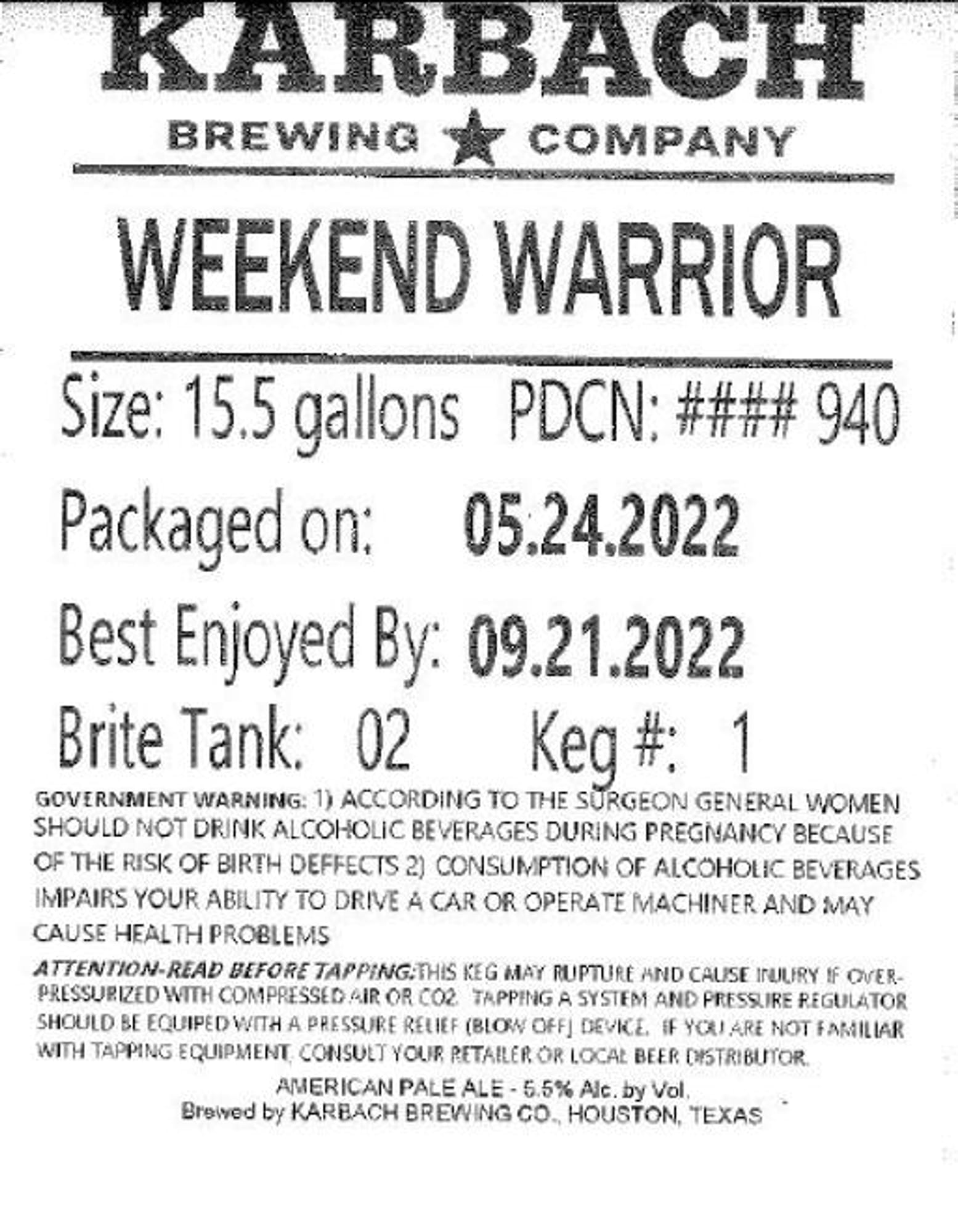 Weekend Warrior by Karbach Brewing Co. - beer label