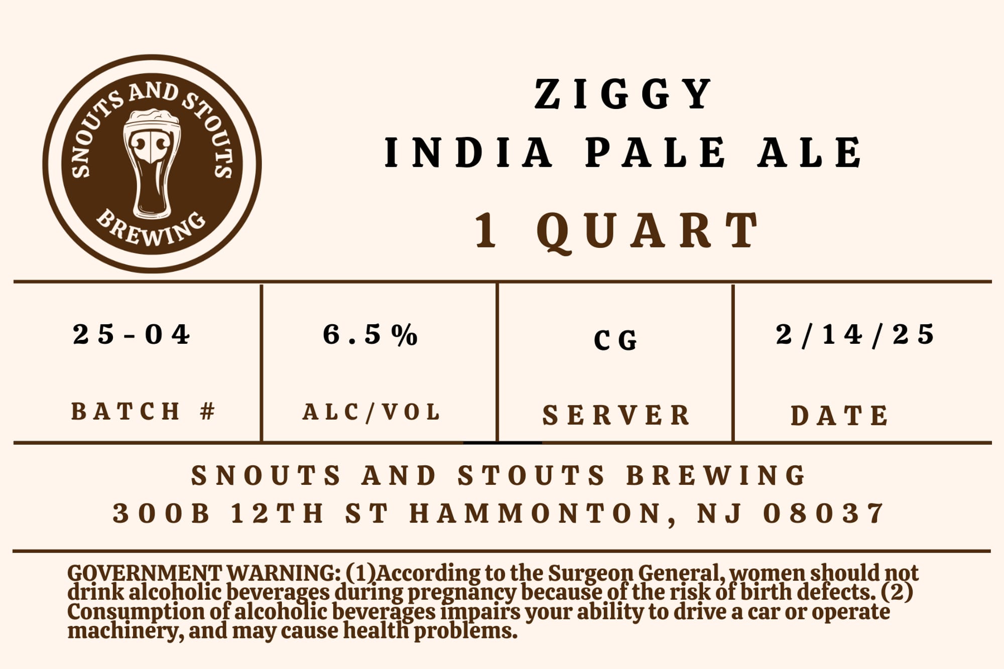Ziggy by Snouts and Stouts Brewing - beer label